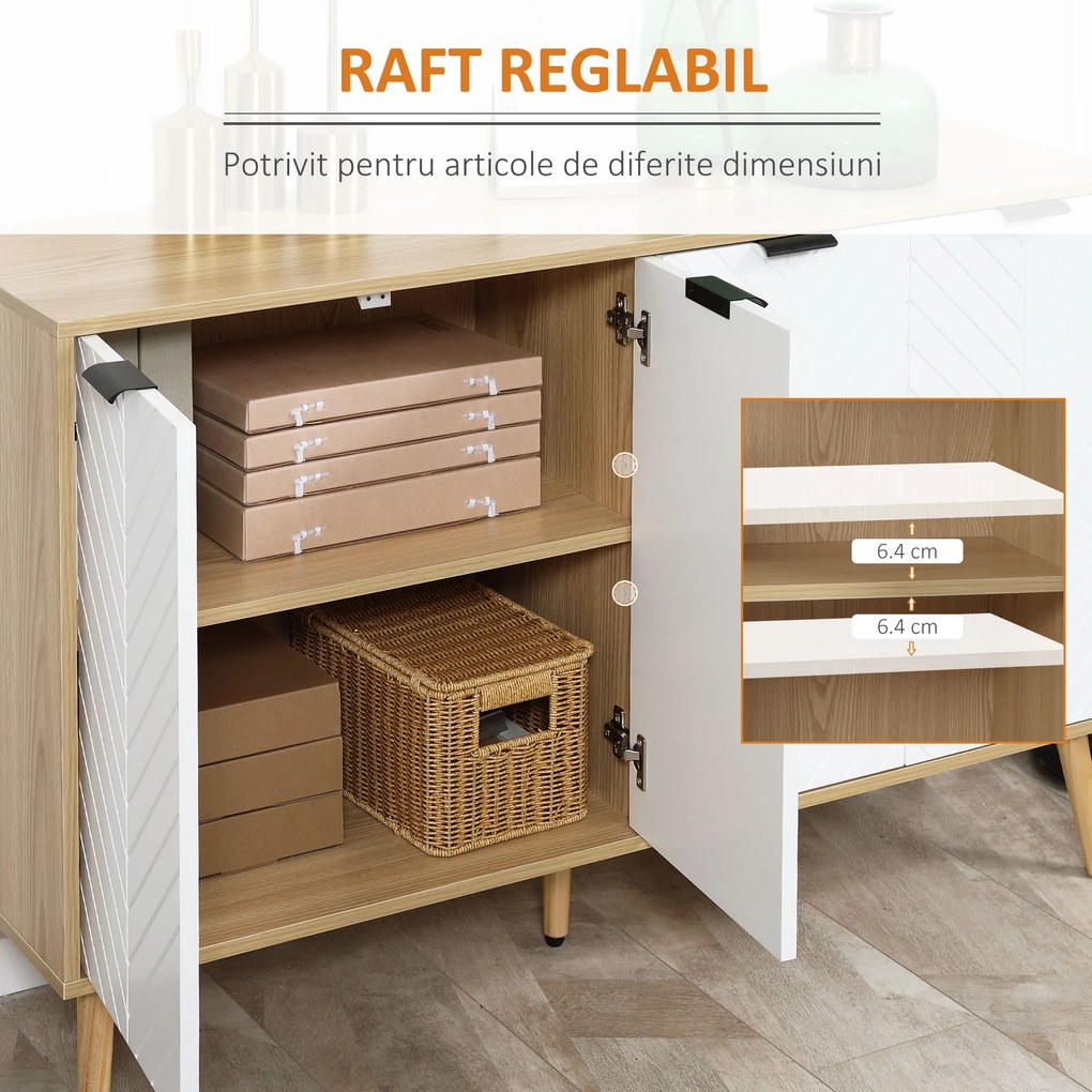 HOMCOM Comodă Bucătărie, Mobilier de Bucătărie cu Rafturi Reglabile și Picioare din Lemn de Pin, Bufet Modern pentru Living, Living, Sala de Mese, 120x35x77,4cm, Natural și Alb | Aosom Romania