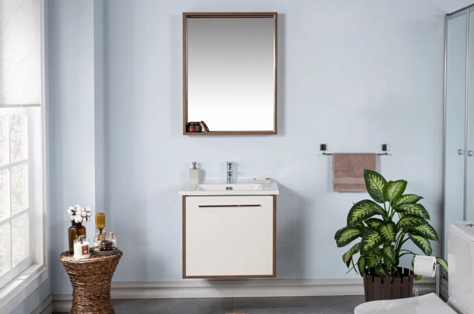Set Mobilier Baie Sahra 65, Include Baza Lavoar, Lavoar și Oglinda, 65 cm, Crem