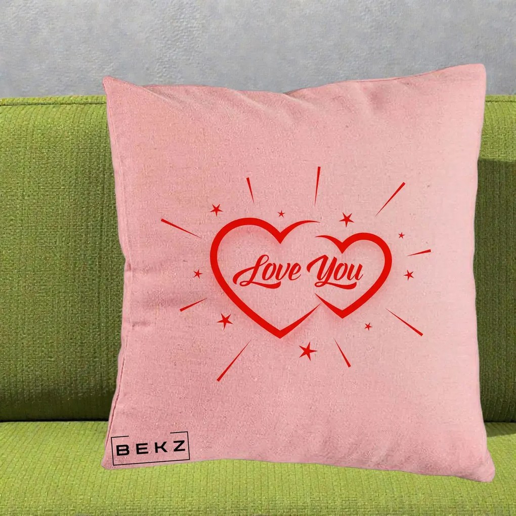 Cadou Romantic - Perna Personalizata Love You Doua Inimi, 40x40 cm, Roz, Husa Detasabila, Perna Inclusa, BEKZ®