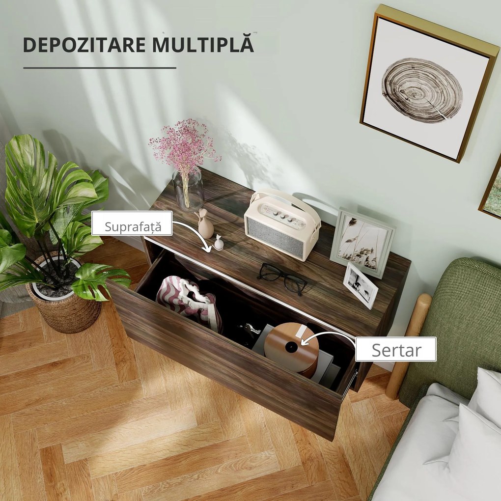 HOMCOM Noptiera Suspendată cu Montare pe Perete și Sertar de Depozitare, 80x30x45 cm, Maro | Aosom Romania