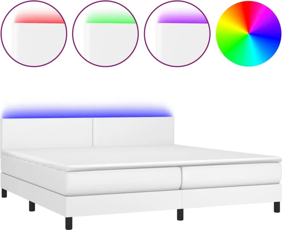 vidaXL Pat cu arcuri, saltea și LED, alb, 200x200 cm, piele ecologică