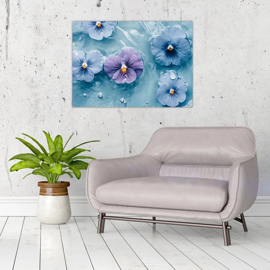 Tablou pe sticlă - Violete în apă (70x50 cm)