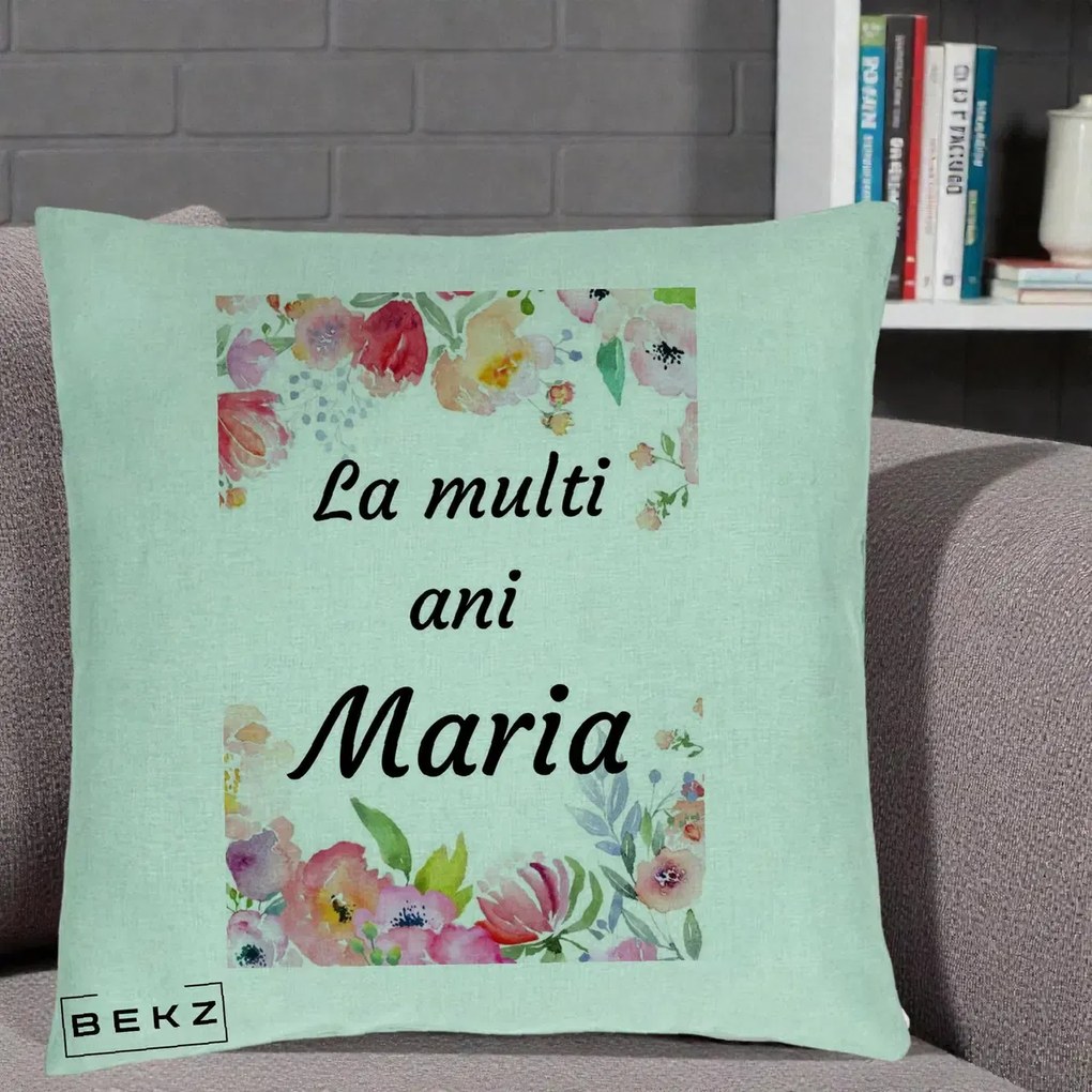 Cadou de Onomastica - Perna Personalizata La Multi Ani Maria Flori Acuarela, 40x40 cm, Verde Menta, Husa Detasabila, Perna Inclusa, BEKZ®
