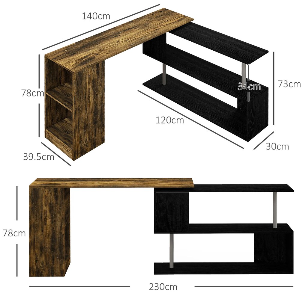 HOMCOM Birou de Colț Spațiu Economic cu Raft în Formă de S, Birou Modern din Lemn, 140x120x78 cm, Maro Rustic | Aosom Romania