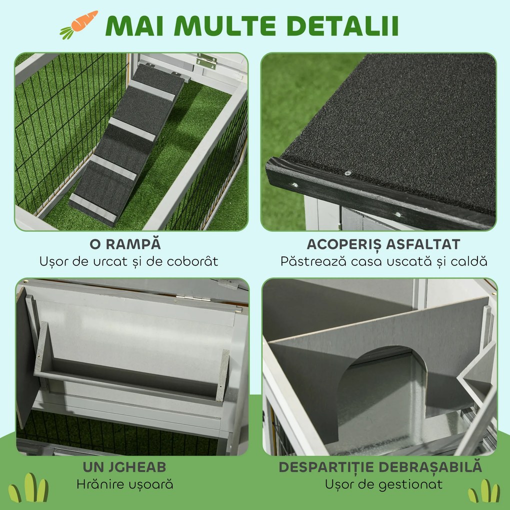 PawHut Cuib Exterior din Lemn de Brad cu Rampă, Acoperiș Rabatabil Impermeabil, Sertar Detașabil, Cuib pentru Iepuri, Animale Mici, Gri Deschis | Aosom Romania