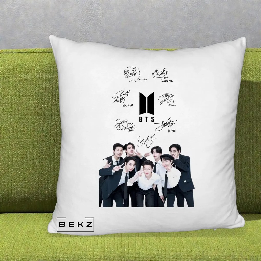 Perna Personalizata K-pop BTS Autografe Toti Membrii cu Fotografie, 40x40 cm, Alb Pufos, Husa Detasabila, Perna Inclusa, BEKZ®