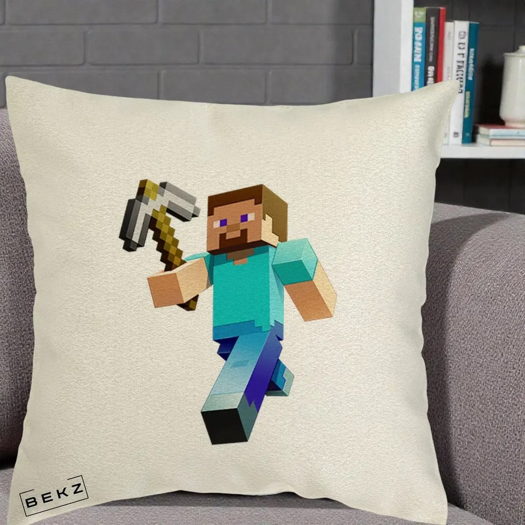 Perna Personalizata Minecraft Steve cu Tarnacop, 40x40 cm, Ecru, Husa Detasabila, Perna Inclusa, BEKZ®