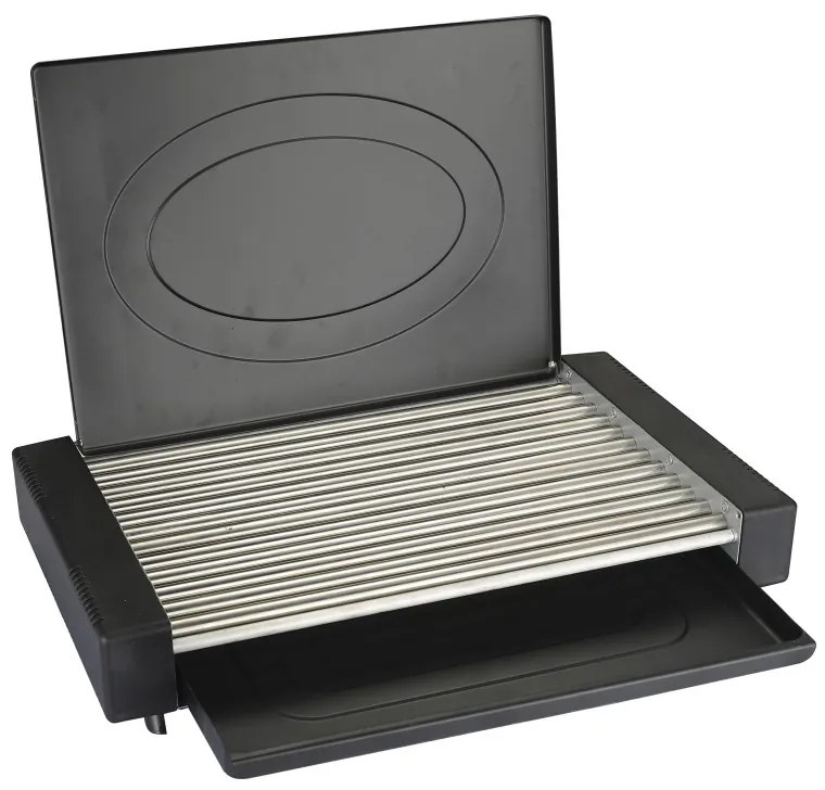Gratar electric cu capac Rosberg R51015M, 1800W, 35x22 cm, 12 nervuri tubulare, Tava pentru grasime, Negru