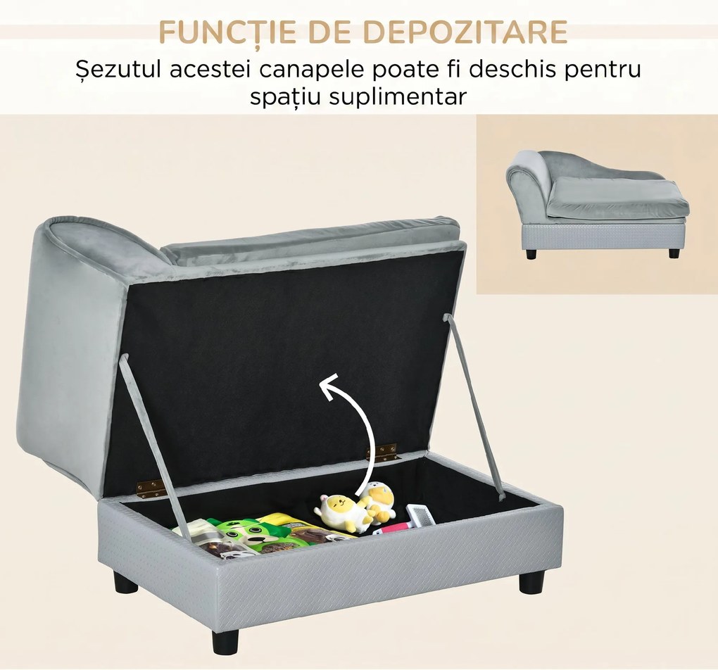 PawHut Canapea pentru Câini cu Spațiu de Depozitare Ascuns și Pernă, 76x45x43 cm, Gri Deschis | Aosom Romania