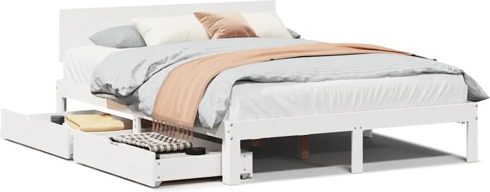 vidaXL Cadru de pat cu sertare, alb, 150x200 cm, lemn masiv pin