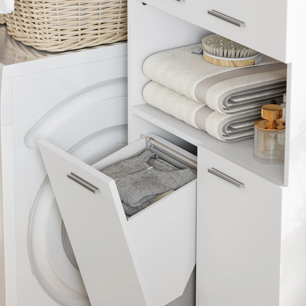 HOMCOM Dulap de baie înalt de 174 cm cu coș de rufe basculant și uși Soft-Close, Alb | Aosom Romania