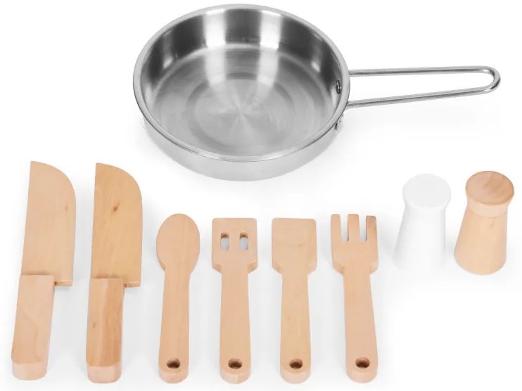 Bucătărie din lemn pentru joacă cu cuptor, chiuvetă și accesorii de bucătărie