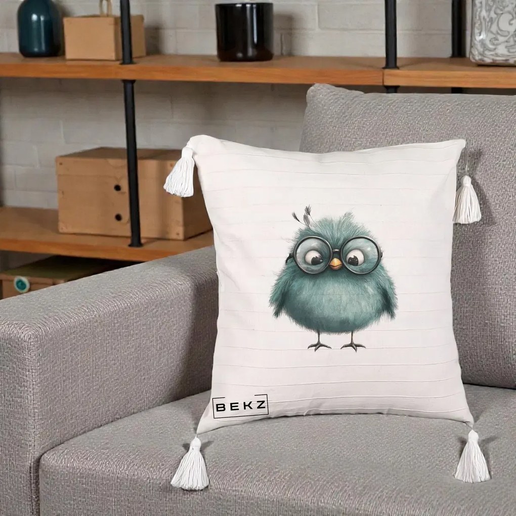 Perna Decorativa Pui Teal cu Ochelari Rotunzi, 40x40 cm, Bej cu Franjuri, Husa Detasabila, Perna Inclusa, BEKZ®
