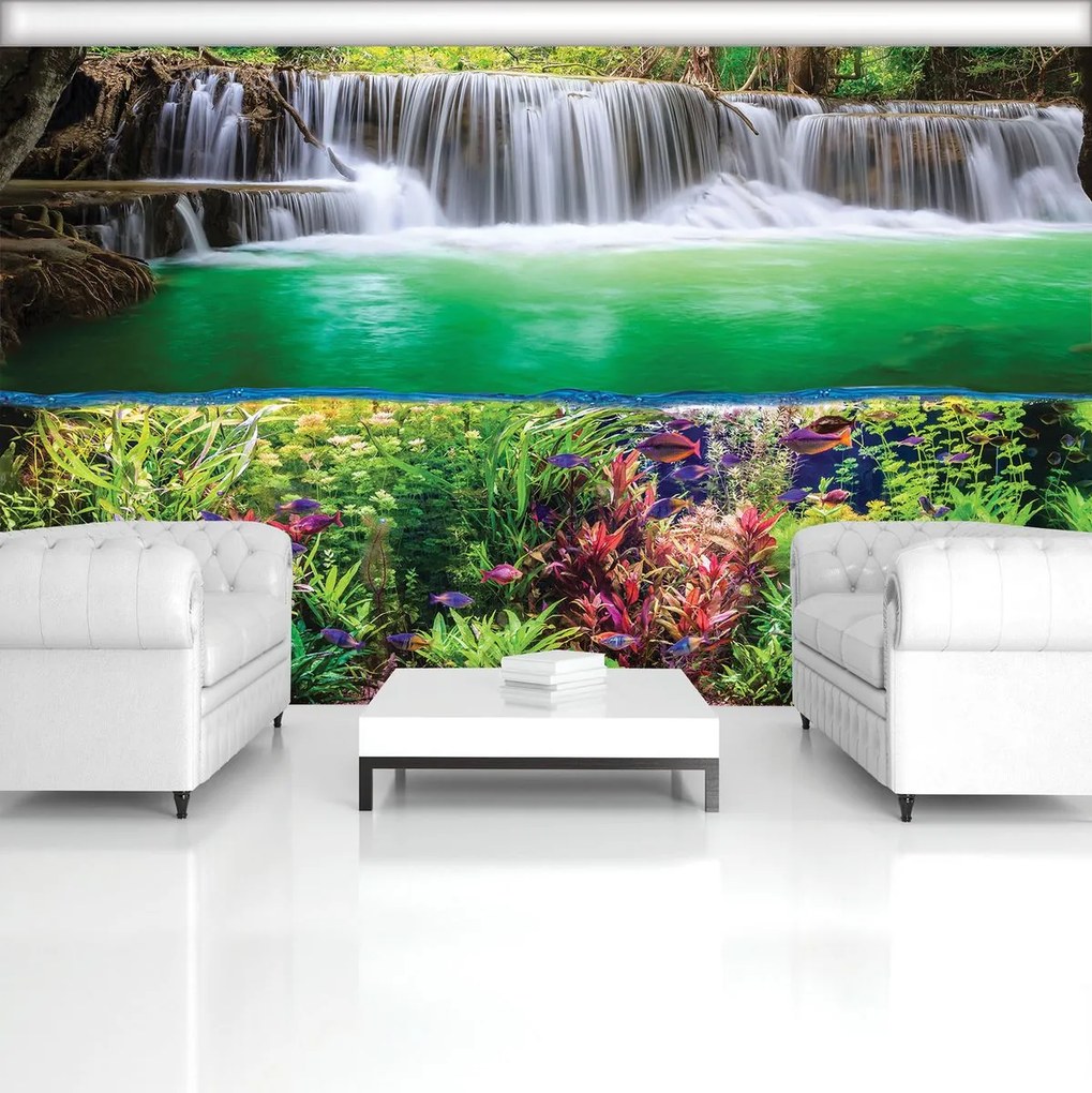 Fototapet - Plante, pești și cascada (254x184 cm)