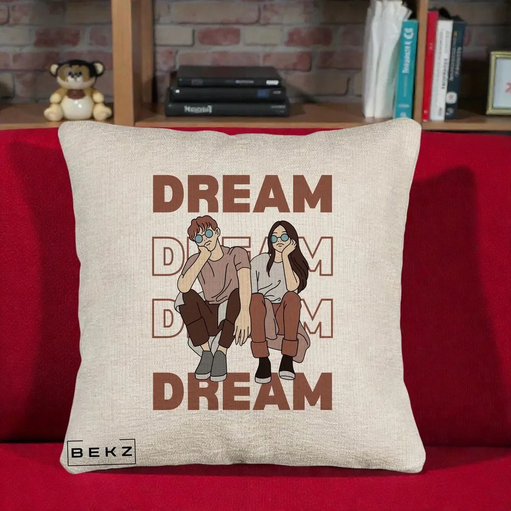 Perna Decorativa Dream Couple Aesthetic, 40x40 cm, Bej Canapea, Husa Detasabila, Perna Inclusa, BEKZ®
