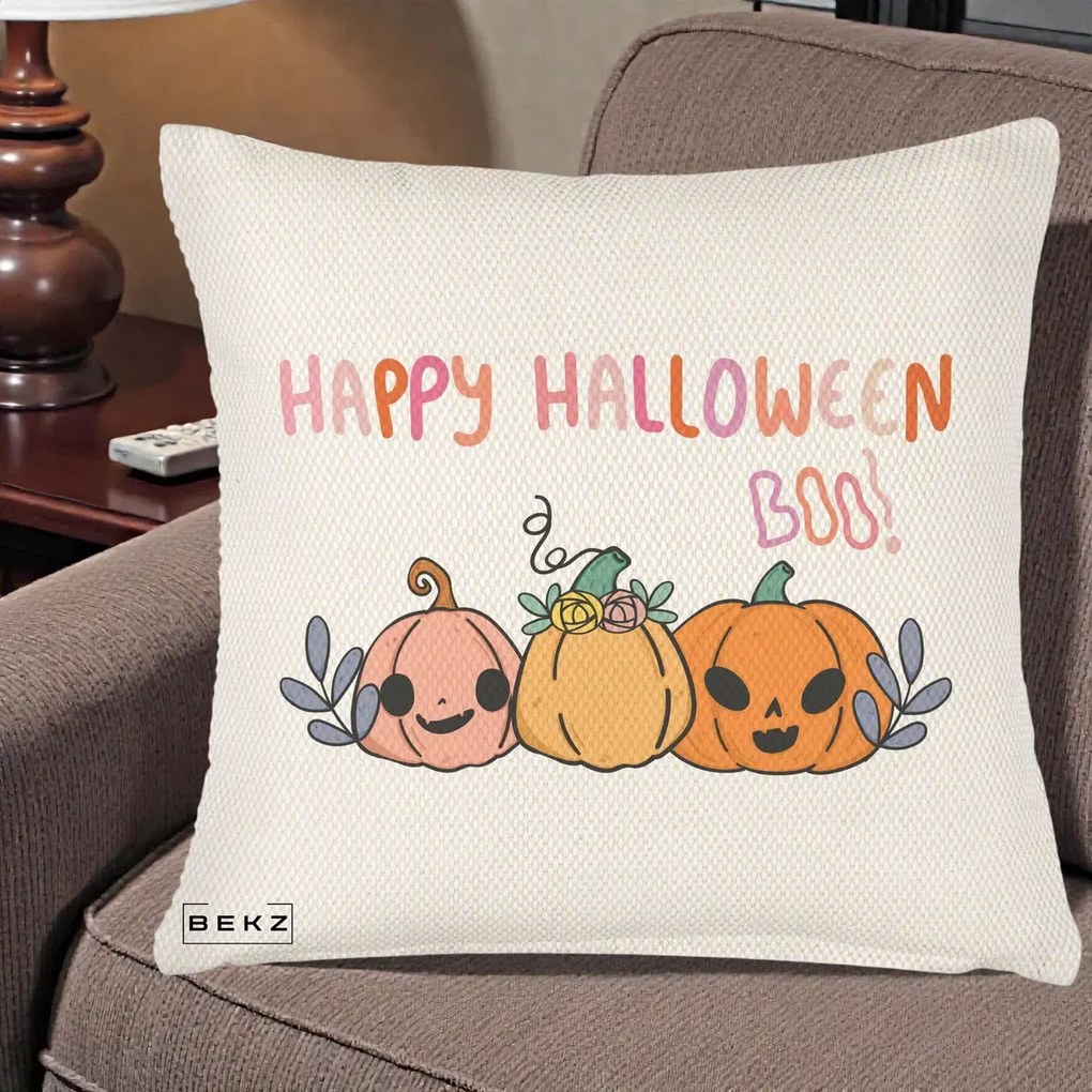 Perna Decorativa Happy Halloween Boo Trei Dovlecei Kawaii, 40x40 cm, Crem Reliefat, Husa Detasabila, Perna Inclusa, BEKZ®