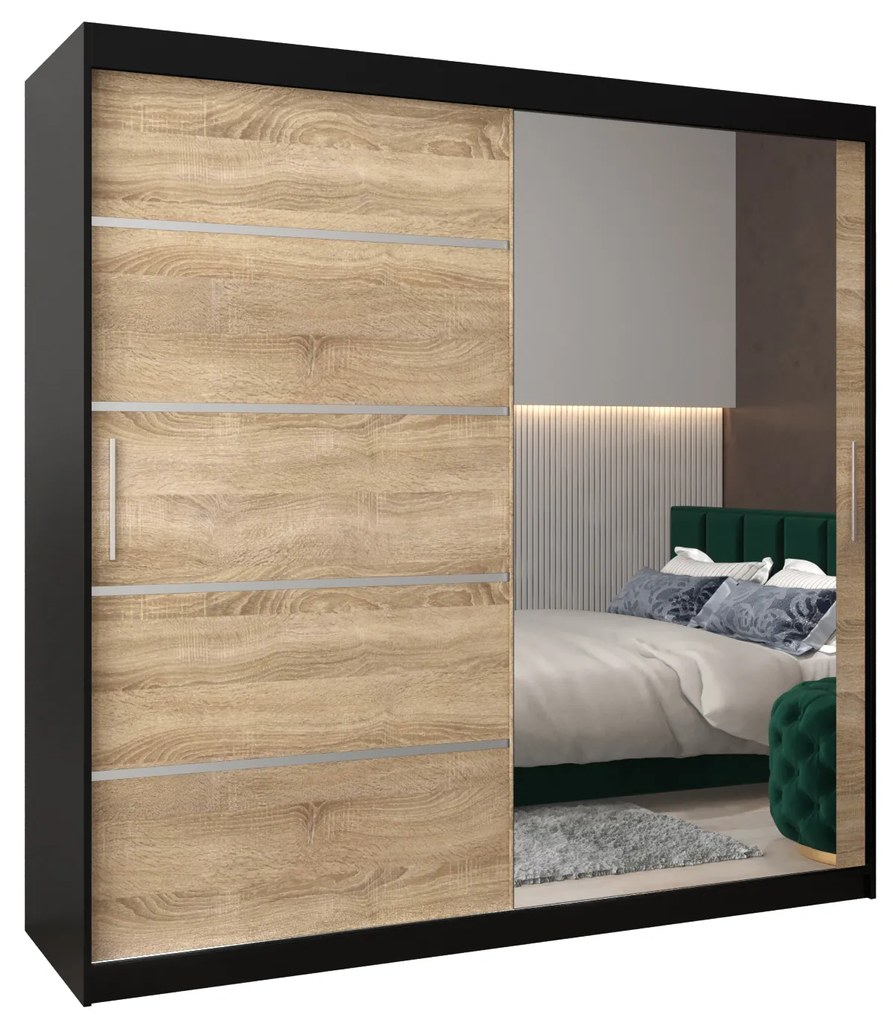 Dulap de haine 200 cm cu oglindă Verika 2 200 (negru + stejar sonoma). 1064228