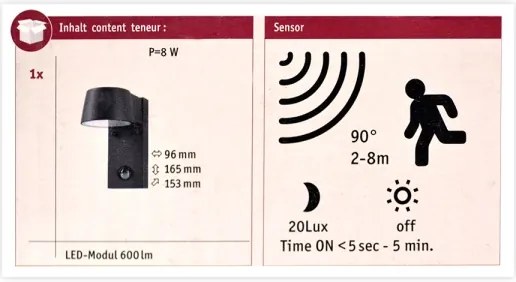 Aplică de exterior cu senzor Paulmann 94453 LED/6W IP44 CAPEA 230V