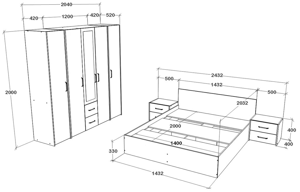 Set dormitor Malmo V10, Pat 200 x 140 cm, Stejar Alb/Antracit