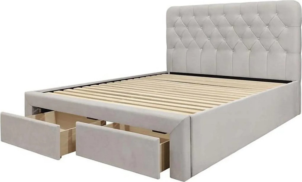 Pat 160x200 cu sertar MARISOL, stofa catifelata bej, cu somiera