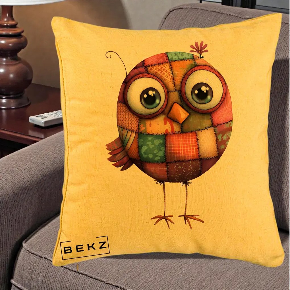 Perna Decorativa Pasare Patchwork Roz cu Floare, 40x40 cm, Galben, Husa Detasabila, Perna Inclusa, BEKZ®