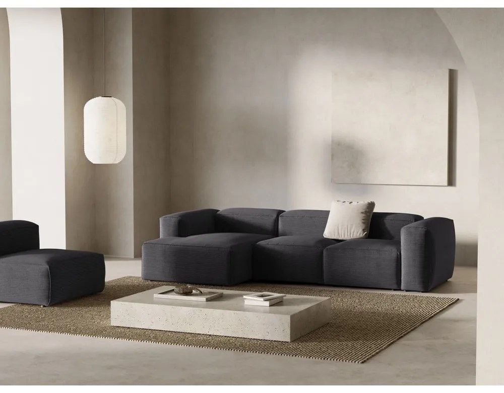 Colțar gri închis cu tapițerie din catifea reiată (cu colț pe partea stângă/cu șezlong) Bergamo – Cosmopolitan Design