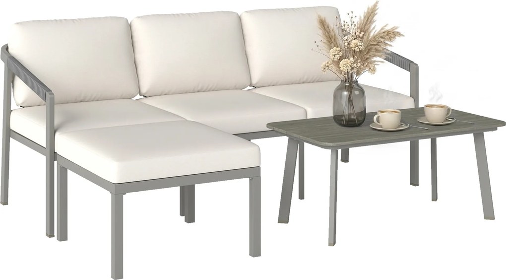 Outsunny Set Grădină Exterior 3 Piese cu Canapea 3 Locuri, Taburet, Masă de Cafea și Perne Maro și Bej | Aosom Romania