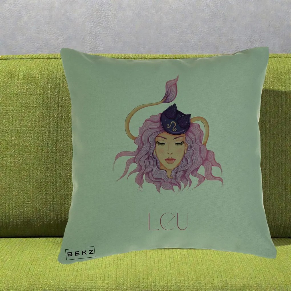 Perna Personalizata Zodie Leu, 40x40 cm, Verde, Husa Detasabila, Perna Inclusa, BEKZ®