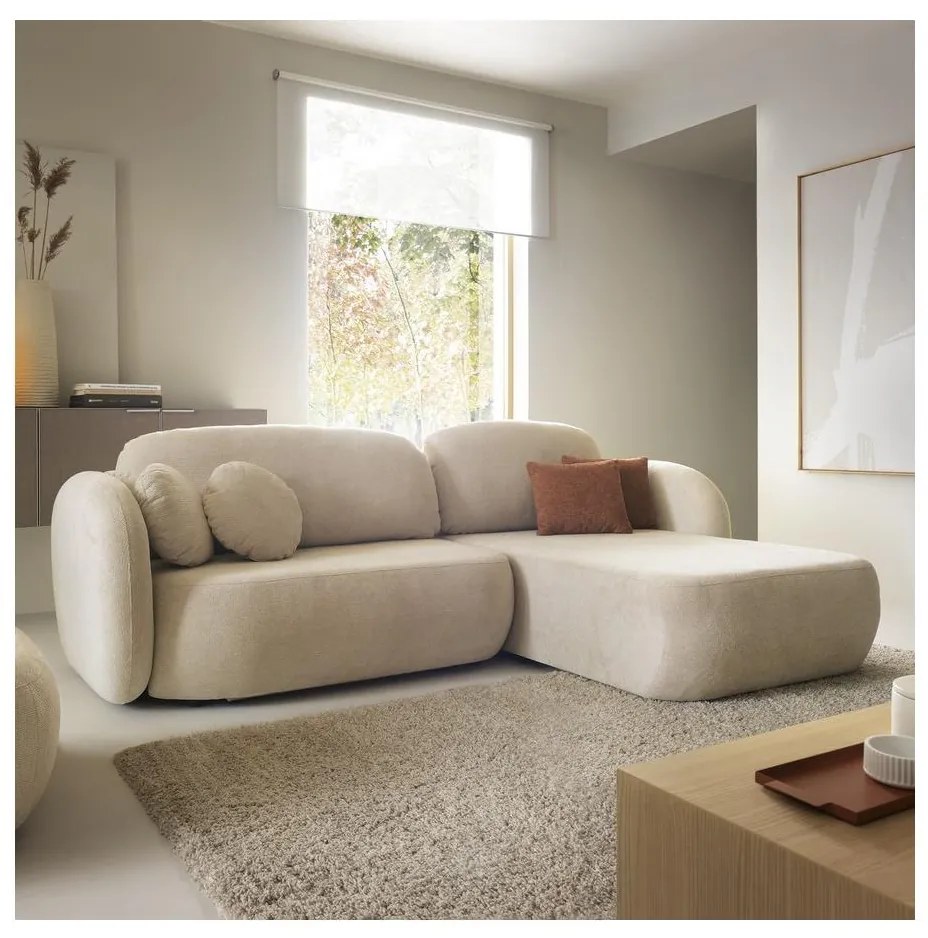 Colțar extensibil OLBIA, tip L, cu spațiu de depozitare, pe partea dreaptă, bej