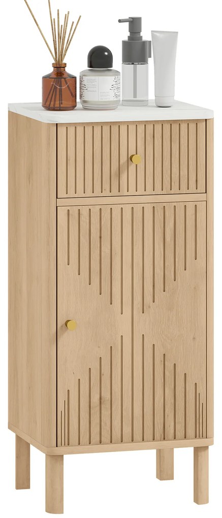 HOMCOM Mobilier de baie, corp de depozitare cu blat cu efect marmură și ușă canelată, sertar 36 x 30 x 80 cm, stejar | Aosom Romania