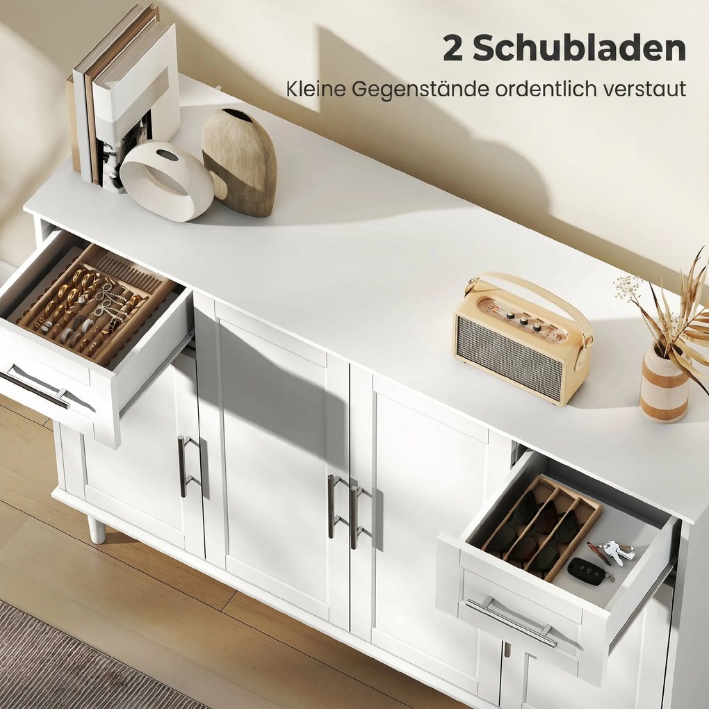 HOMCOM Mobilier de Sufragerie, Credență cu 2 Sertare și 3 Dulapuri cu Rafturi Reglabile, Comodă cu Picioare din Pin pentru Sala de Mese și Bucătărie, 120x38x86 cm, Alb | Aosom Romania