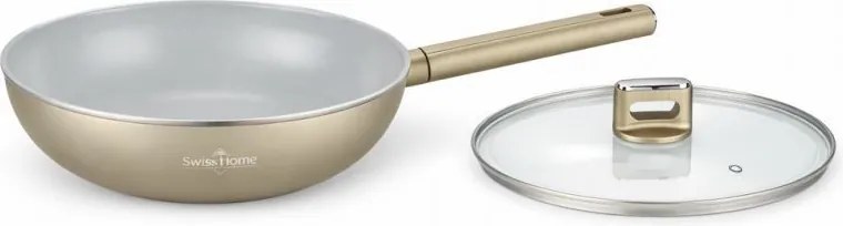 Tigaie wok cu capac Swiss Haus Speiez Castle SH-SCW28CH, 4,2 l, 28 cm, Acoperire ceramica Sapphire, pentru toate plitele inclusiv inductie, Sampanie