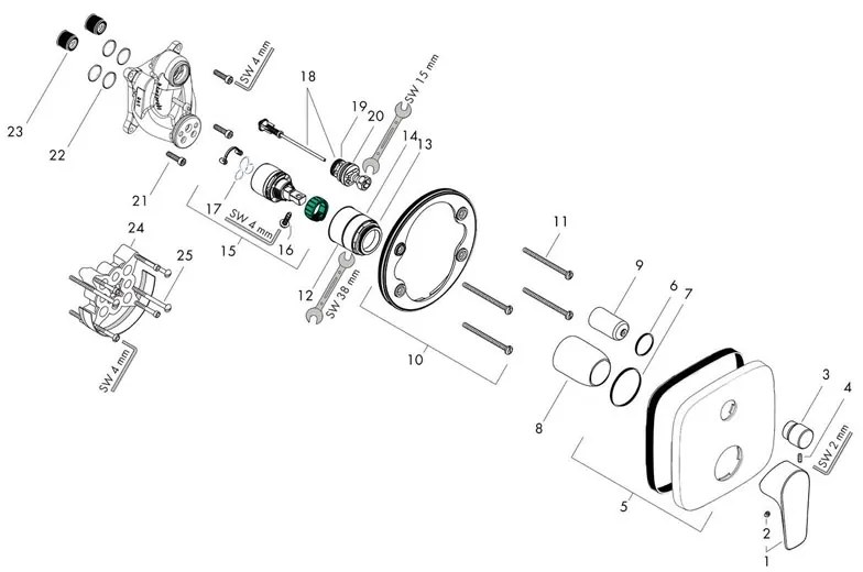 Baterie cada - dus Hansgrohe, Talis E, auriu lucios