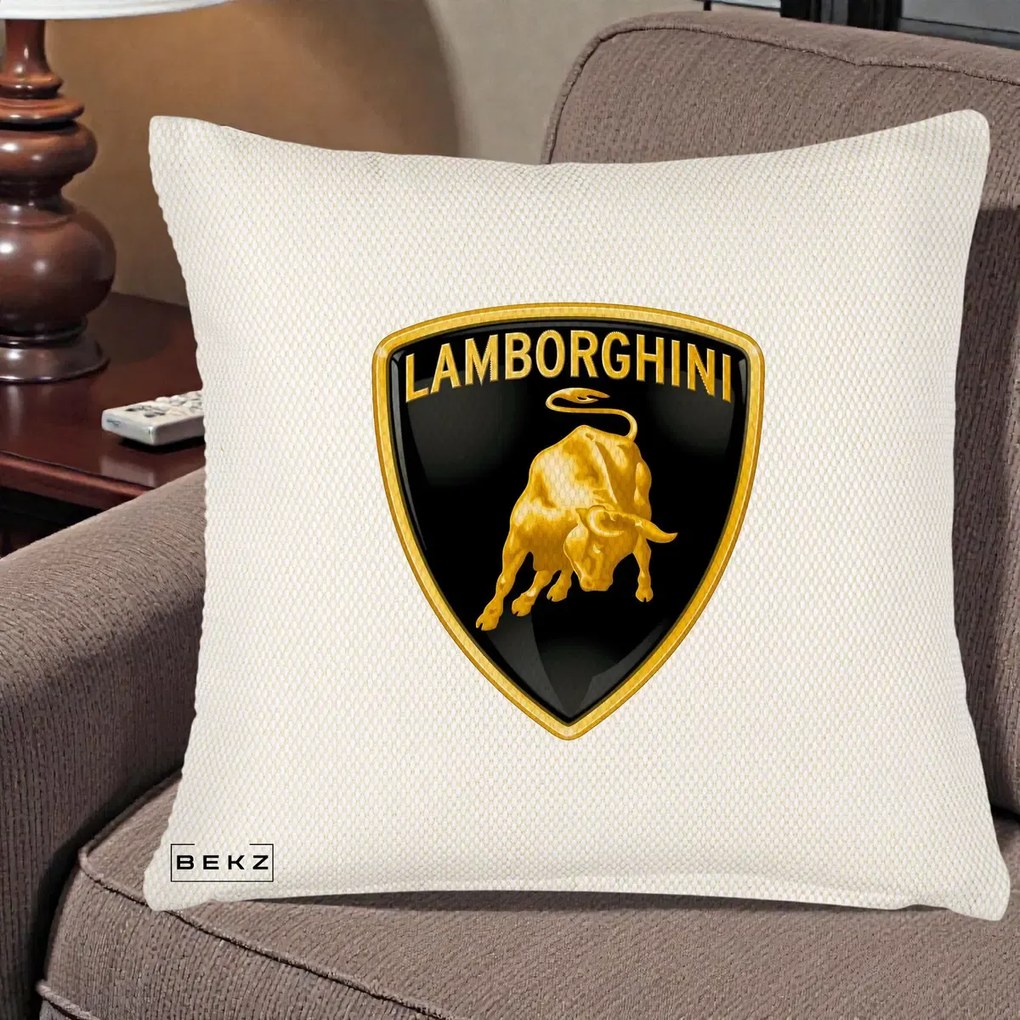 Perna Personalizata cu emblema Lamborghini, 40x40 cm, Crem Reliefat, Husa Detasabila, Perna Inclusa, BEKZ®