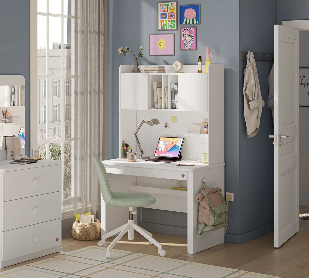 Set Studiu Modern Varia White- Birou + Biblioteca + Unitate Superioara