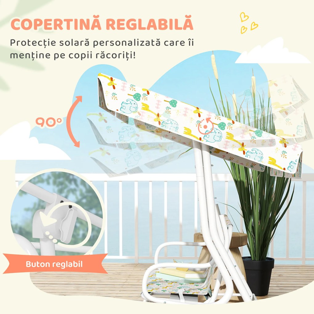 AIYAPLAY Leagăn pentru Copii cu Copertină Reglabilă și Centură de Siguranță, 120x112x75 cm, Alb | Aosom Romania
