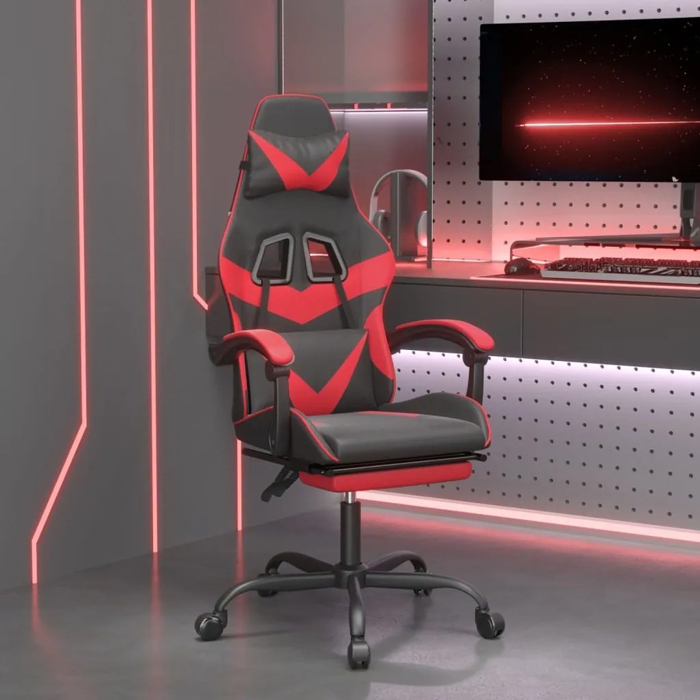 Scaun de gaming cu suport picioare, negru rosu, piele ecologica