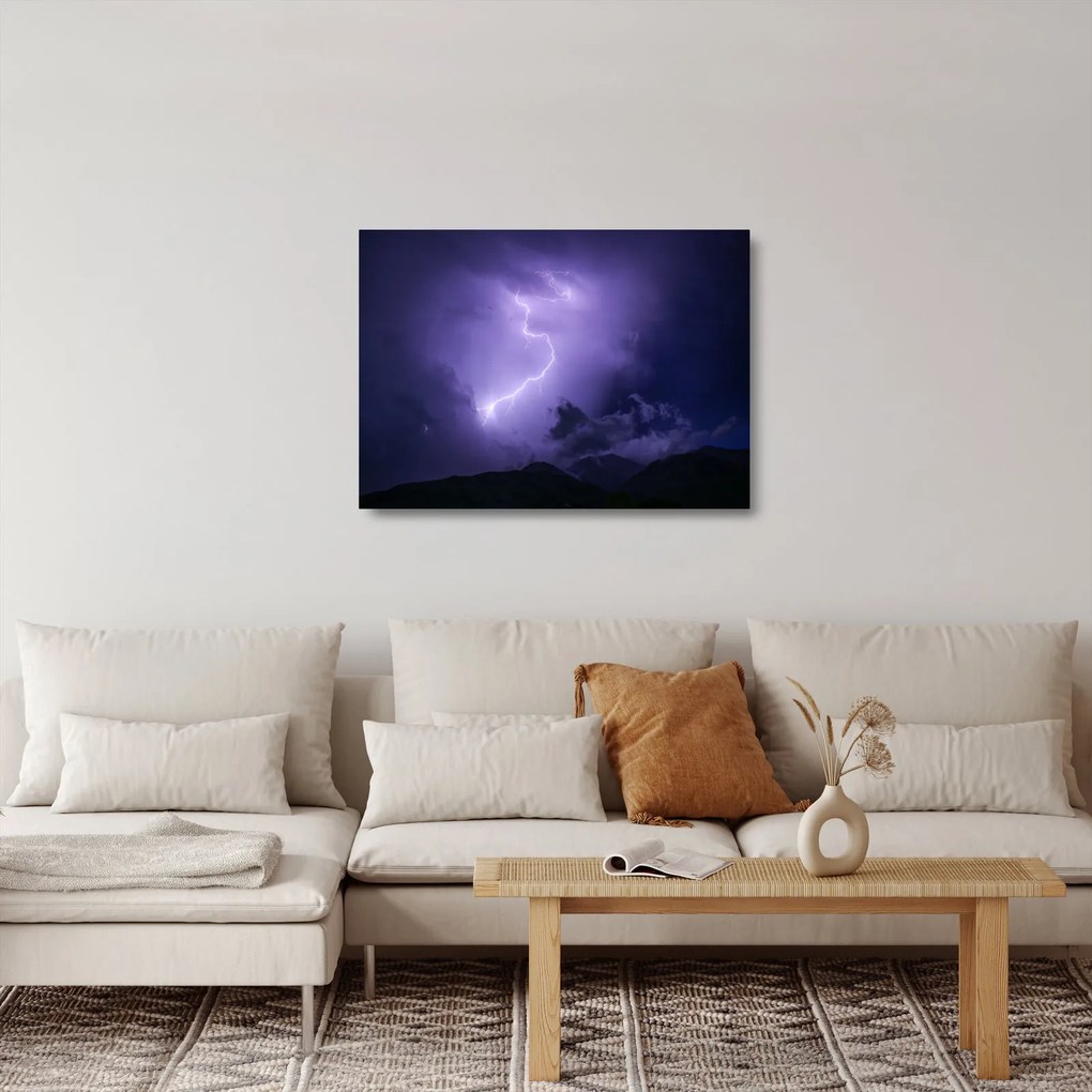 Tablou pe sticlă - cerul violet cu fulger (70x50 cm)