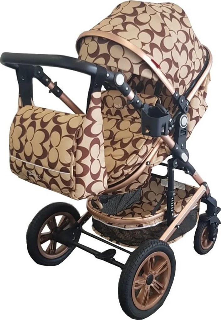 Carucior nou nascuti 3 in 1 Baby Care™ PRO 530 ,Cu geanta bebe, Cadru Aluminiu Gold, Amortizoare, Roti din cauciuc plin AVE, Landou, Scoica auto,