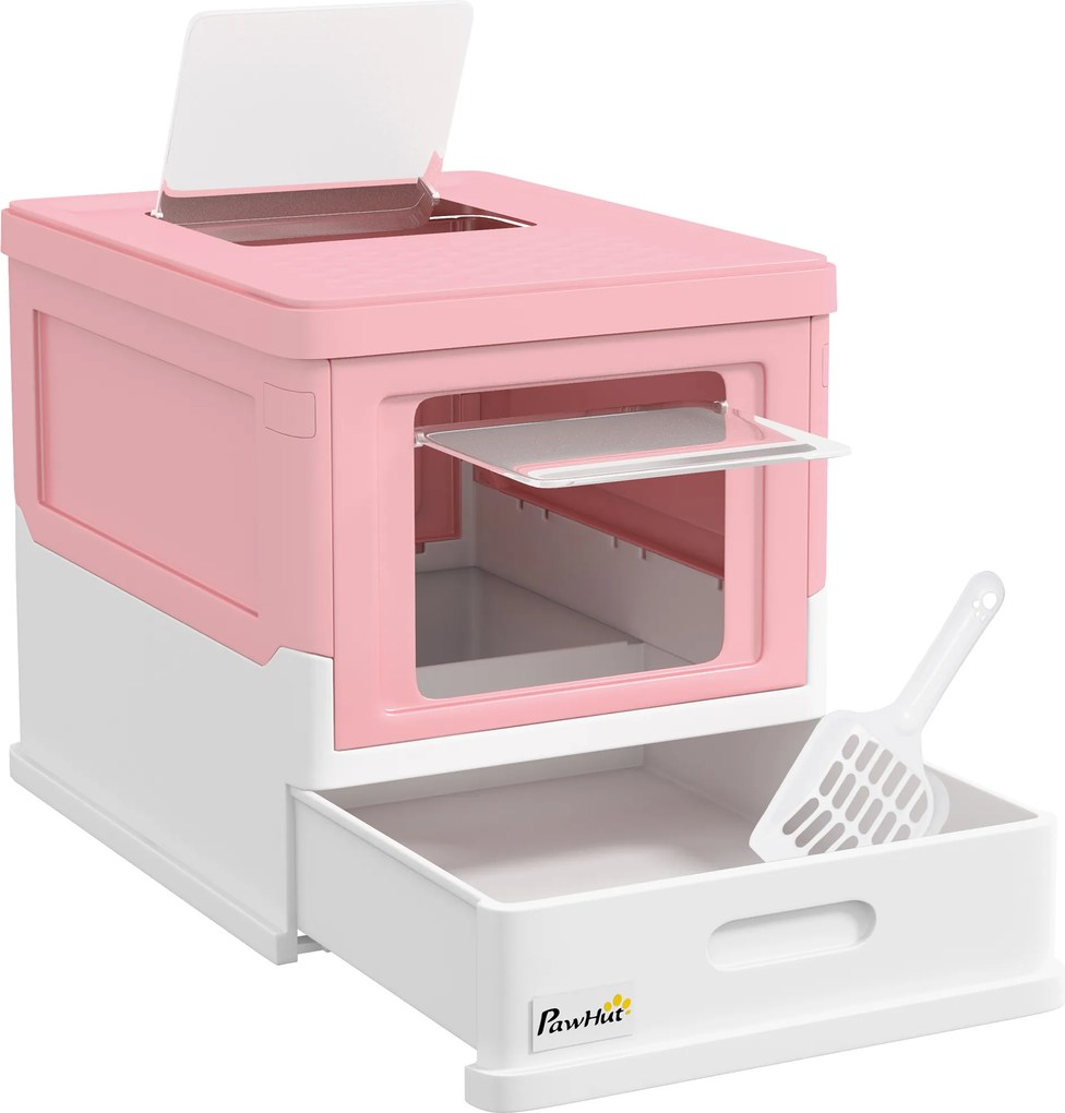 PawHut Litieră Acoperită pentru Pisici cu Lopățică Inclusă, Tavă Detașabilă și 2 Uși, 47,5x35,5x36,7 cm, Roz | Aosom Romania