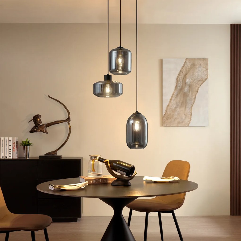 Lampă suspendată modernă neagră cu sticlă fumurie cu 3 lumini - Sheena