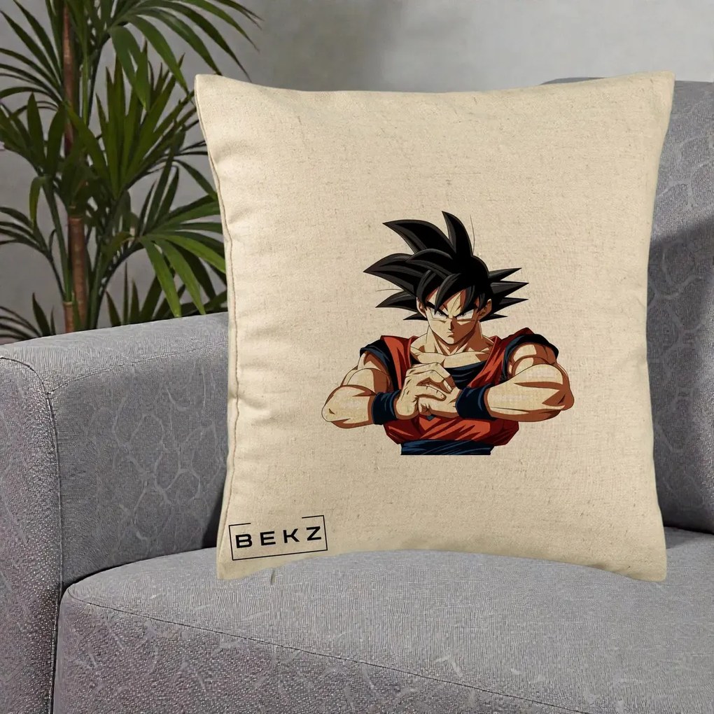 Perna Personalizata Dragon Ball Goku Portret Serios, 40x40 cm, Bej, Husa Detasabila, Perna Inclusa, BEKZ®