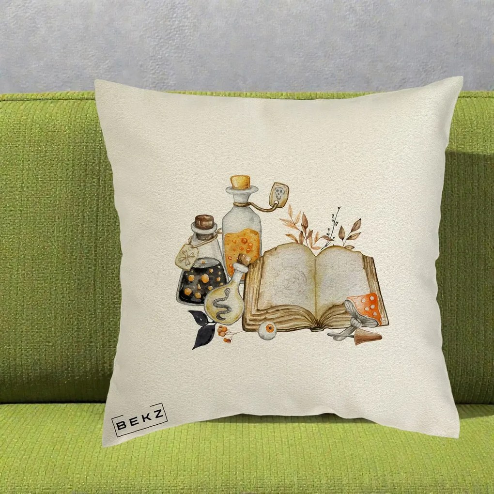 Perna Decorativa Grimoire Vrajitoare si Filtre Magice Halloween, 40x40 cm, Ecru, Husa Detasabila, Perna Inclusa, BEKZ®