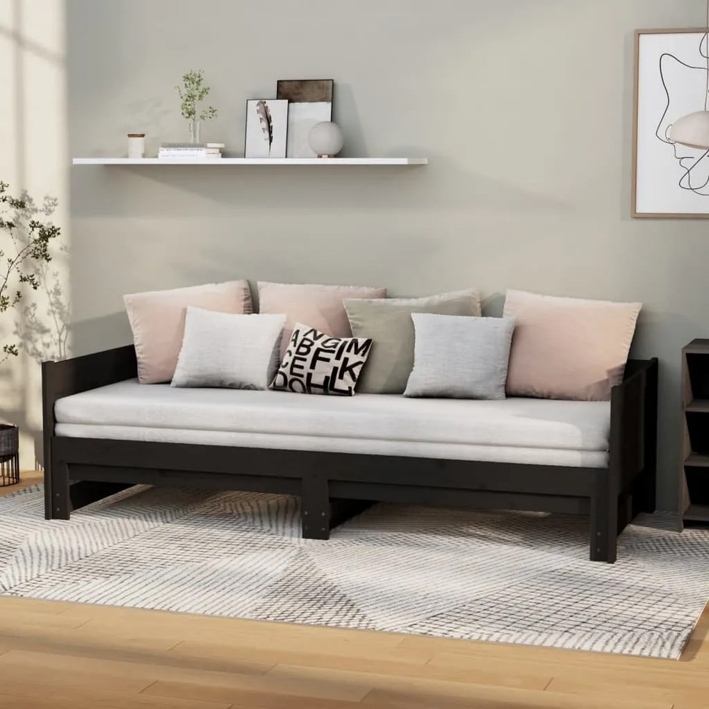 820261 vidaXL Pat extensibil de zi, negru, 2x(80x200) cm, lemn masiv pin
