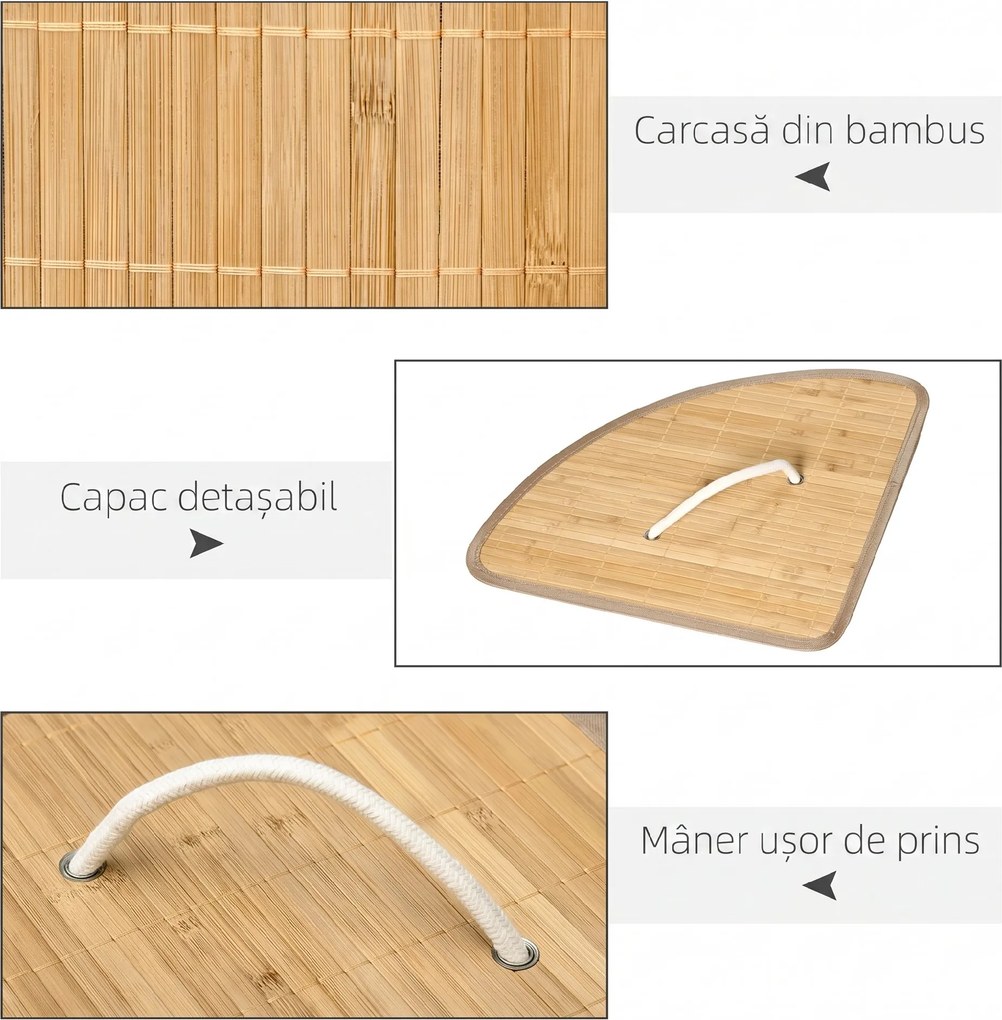 HOMCOM Coș de Rufe din Bambus cu Capac, Design Triunghiular Economisitor de Spațiu, 38x38x57 cm, Culoare Lemn | Aosom Romania