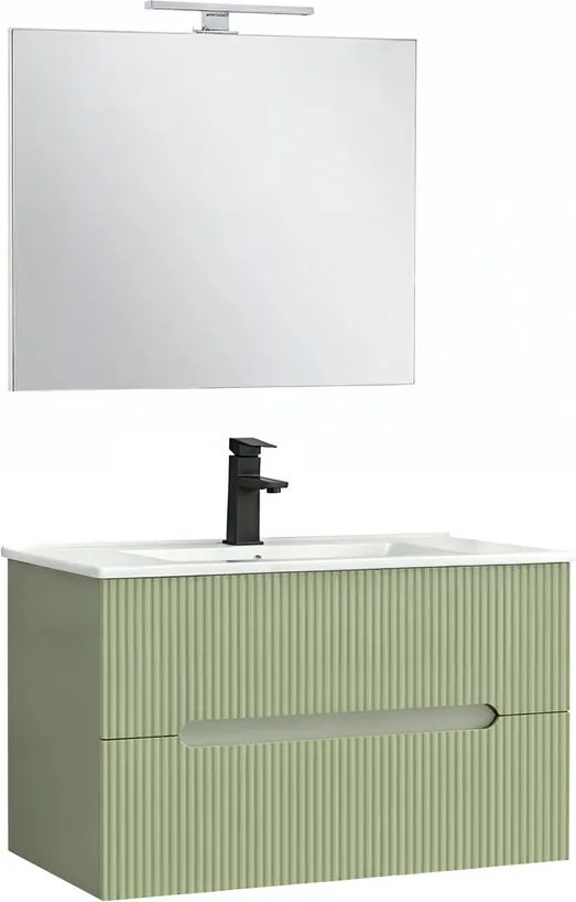 Trent Mobilier de baie 80 cm chiuvetă ceramică (2 sertare) cu oglindă 60x80 cm verde măslin verde-pistachio
