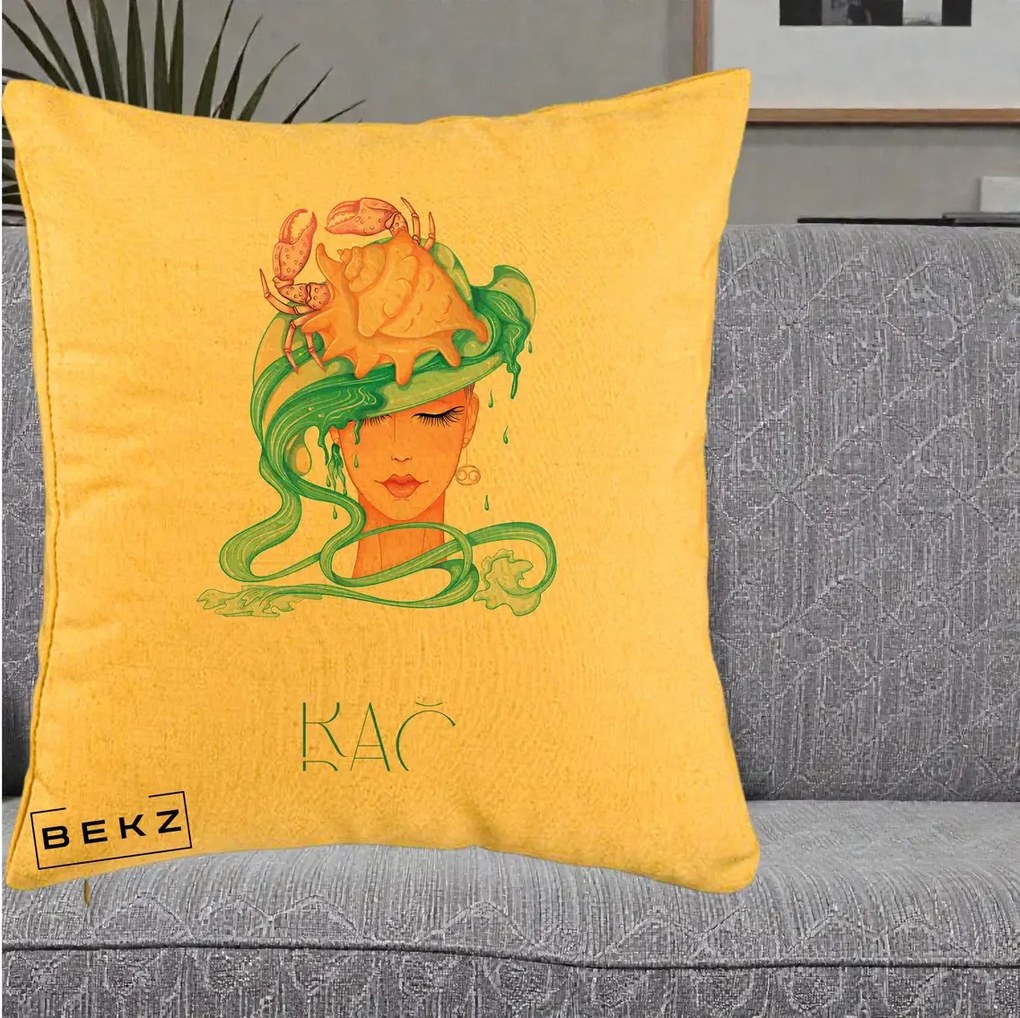 Perna Personalizata Zodie Rac, 40x40 cm, Galben, Husa Detasabila, Perna Inclusa, BEKZ®