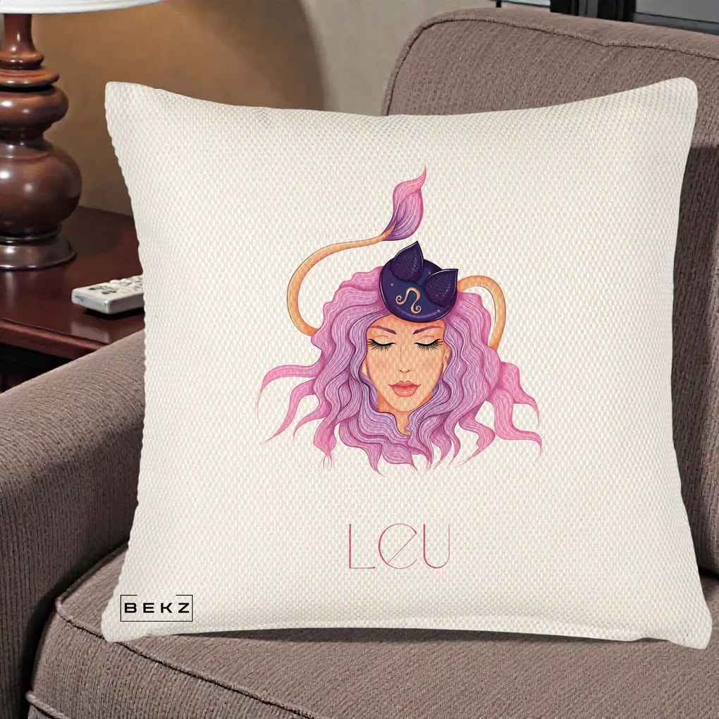 Perna Personalizata Zodie Leu, 40x40 cm, Crem Reliefat, Husa Detasabila, Perna Inclusa, BEKZ®