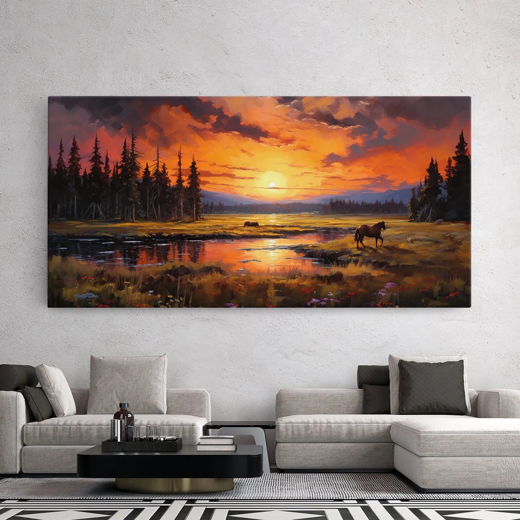 Tablou Canvas, 100x200cm, Dormitor si Living, Moderne, Textura de pictura, Wild Horses Painting