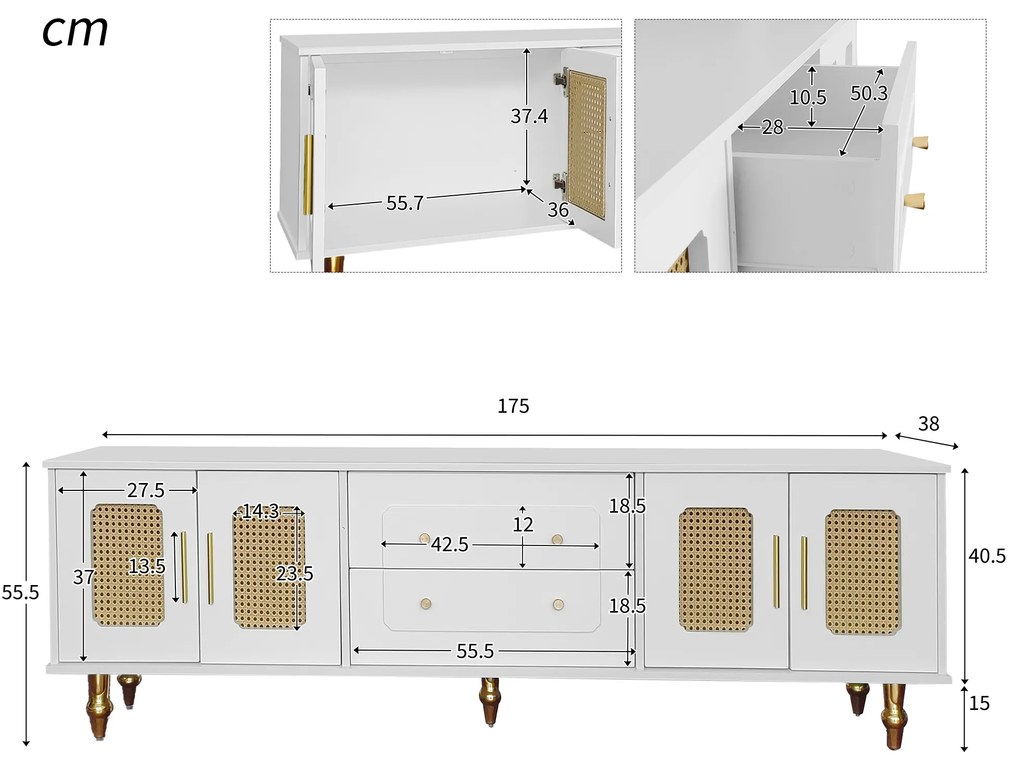 Comodă TV în stil retro cu mânere aurii, uși din ratan și picioare din metal, spațiu de depozitare generos, 175x38x55,5 cm, alb